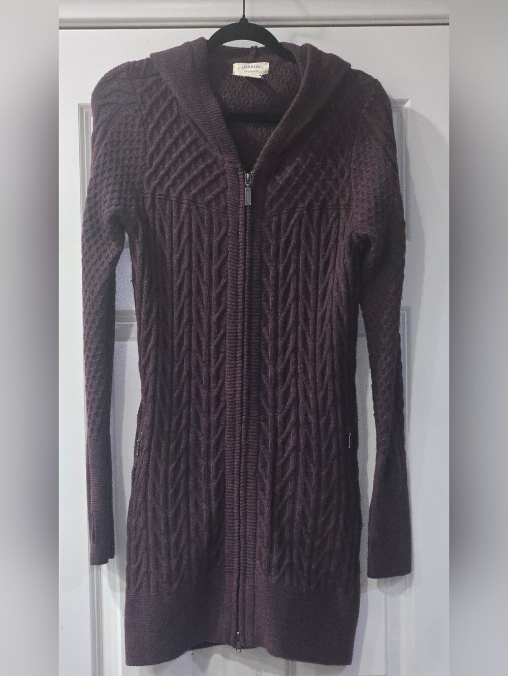 Cambridge Dry Goods Women's Long Cable Knit Zip Wool Blend Cardigan Dark Brown